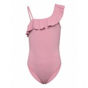 Mango Asymmetric Ruffle Swimsuit Rosa