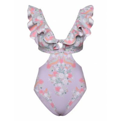 Delia Cut Out Frill Printed Swimsuit Baddräkt Badkläder Purple By Malina