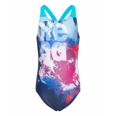 Girl's Arena Waves Breaking Swimsuit V Back *Villkorat Erbjudande Baddräkt Badkläder Marinblå Arena