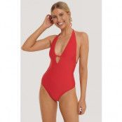 NA-KD Swimwear Deep V-Cut Swimsuit - Red