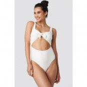 NA-KD Swimwear Ribbed Cut Out Knot Swimsuit - Offwhite