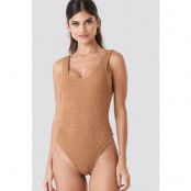 NA-KD Swimwear Smocked High Cut Swimsuit - Brown