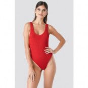 NA-KD Swimwear Smocked High Cut Swimsuit - Red