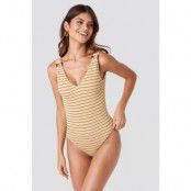 NA-KD Swimwear Smocked Striped Swimsuit - Beige