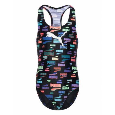 Puma Swim Girls Logo Print Racerbac Baddräkt Badkläder Svart Puma Swim