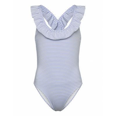 Mango Ruffle Striped Swimsuit Blå