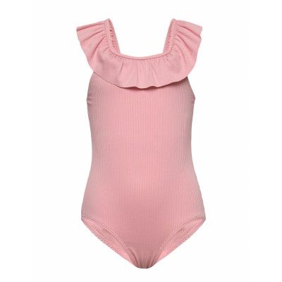 Swimsuit Sg Solid Rib Frill Sh Baddräkt Badkläder Rosa Lindex
