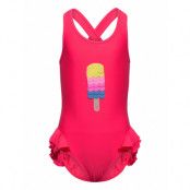 Swimsuit W. Application Baddräkt Badkläder Rosa Color Kids