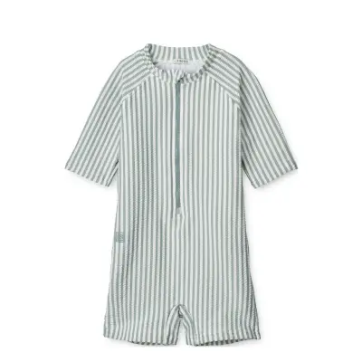 Max Seersucker Short Sleeve Swim Jumpsuit Swimwear Uv Clothing Uv Suits Blue Liewood