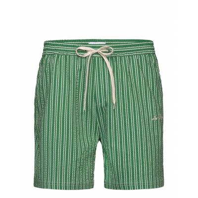 Les Deux Stan Stripe Seersucker Swim Shorts Grön
