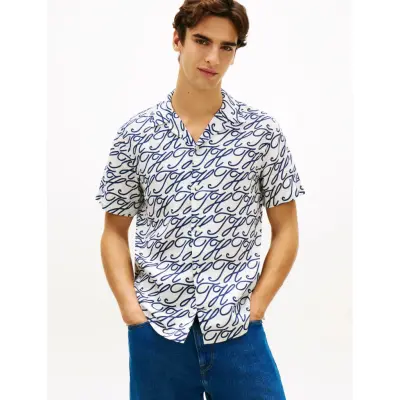 Tommy Hilfiger Linen Camp Collar Sslv Swimshop - Navy - XL