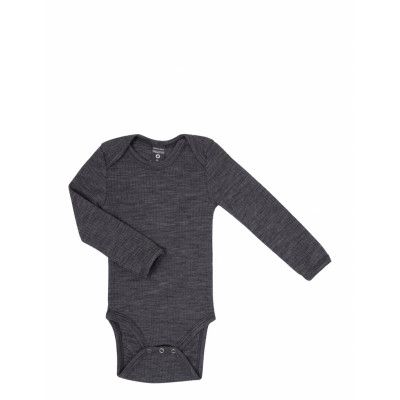 Body Ls, Dark Grey Drop Needle, Merino Wool Långärmad Bodysuit Grå Smallstuff