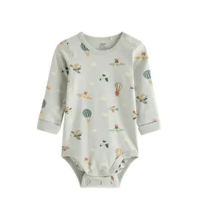 Lindex Long-Sleeved Bodysuit With Airplanes - Khaki green - 62