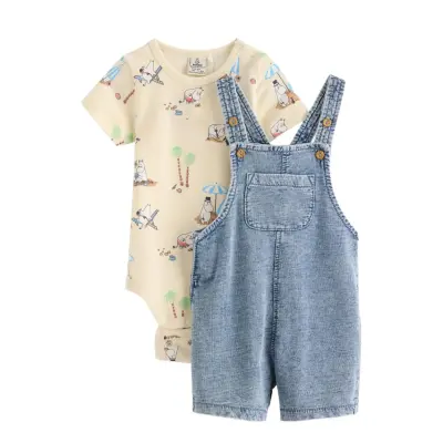 Lindex Set - Bib Trousers And Bodysuit - Cream - 68