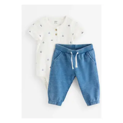 Lindex Set - Bodysuit And Joggers - Blue - 68