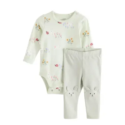 Lindex Set - Bodysuit And Leggings - Green - 86