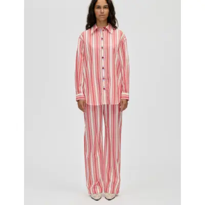 STINE GOYA Striped Embroidered Cotton, Gathered Boxer Pants - Red - S