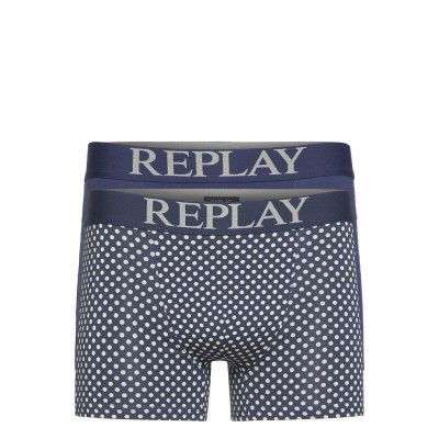 Style 7 Cuff Logo&Print 2pcs Waterfall Pack Boxerkalsonger Blå Replay Underwear