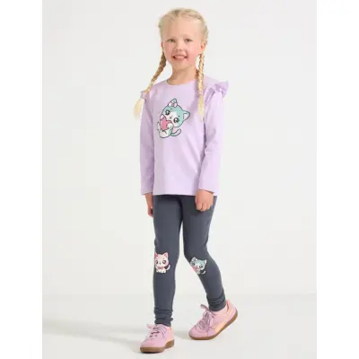 Lindex Leggings Cat Applique At Knees - Grey - 92