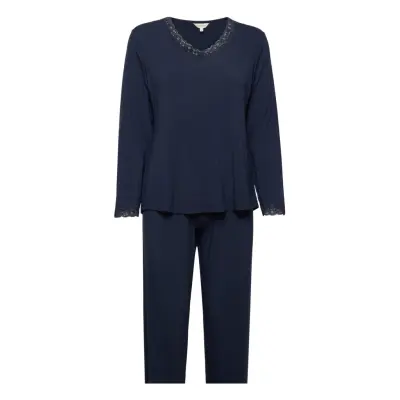 Lady Avenue Bamboo Long Sleeve Pyjamas With Lac Marinblå
