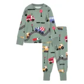 Geggamoja Bamboo Two Piece Pyjamas Green Tractor - Green - 74/80