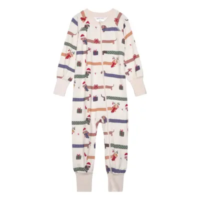 Geggamoja Bamboo Two Way Zip Pyjamas Santa Dogs - Cream - 98/104