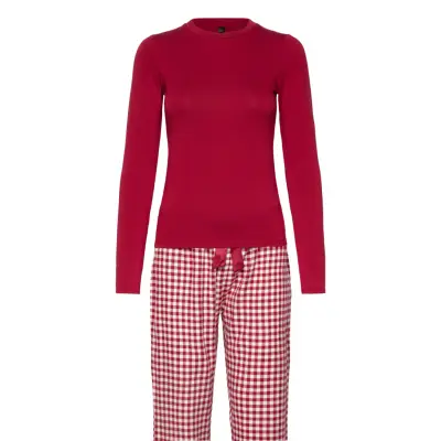 Hunkemöller Pj Set Ls Top Twill Check Röd