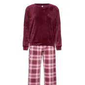 Hunkemöller Pj Set Ls Velours Check Röd