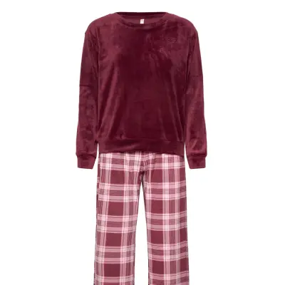 Hunkemöller Pj Set Ls Velours Check Röd