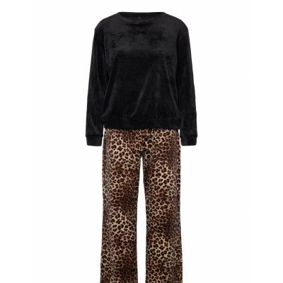 Hunkemöller Pj Set Velours Leopard Svart