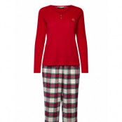 Lauren Ralph Lauren Homewear Lrl L/S Knit Henley Long Pant Pj Set Röd