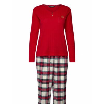 Lauren Ralph Lauren Homewear Lrl L/S Knit Henley Long Pant Pj Set Röd