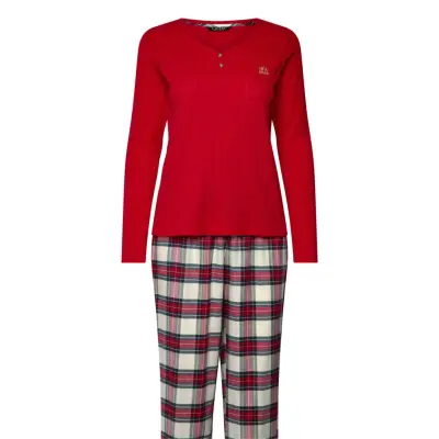 Lauren Ralph Lauren Homewear Lrl L/S Knit Henley Long Pant Pj Set Röd