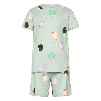 Lindex Pyjama Tee Shorts Set Aop Summ Grön