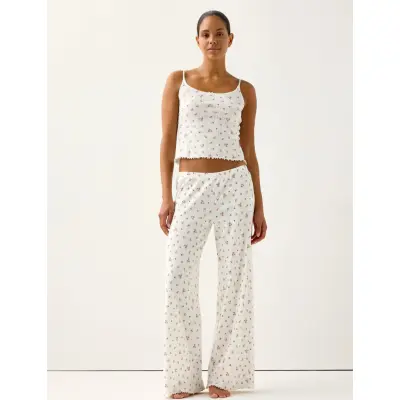 Lindex Wide Pyjama Trousers In Pointelle - Pink - XL