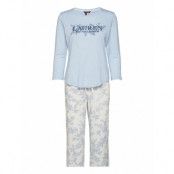 Lrl 3/4 Sl. Scoop Long Pant Pj Ivory Floral Pyjamas Blå Lauren Ralph Lauren Homewear