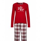 Lrl L/S Rib Top Long Fleece Pant Pj Set Pyjamas Röd Lauren Ralph Lauren Homewear