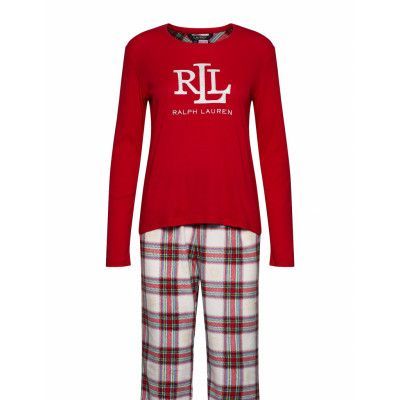 Lrl L/S Rib Top Long Fleece Pant Pj Set Pyjamas Röd Lauren Ralph Lauren Homewear