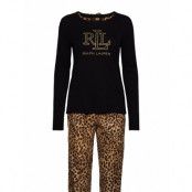 Lrl L/S Rib Top Long Fleece Pant Pj Set Pyjamas Svart Lauren Ralph Lauren Homewear