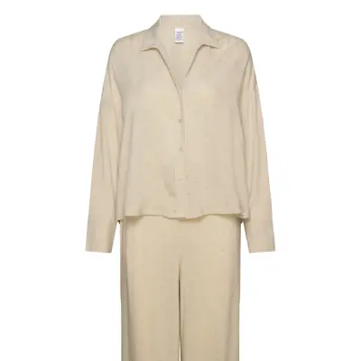 Calvin Klein L/S Buttondown & Pant Sleep Set Beige