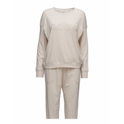 Dkny New Signature L/S Top & Jogger Pj Pyjamas Beige DKNY Homewear