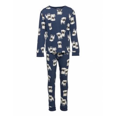 Pajama Puppy Pugs Aop Pyjamas Set Blå Lindex
