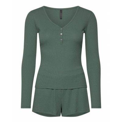 Hunkemöller Pj Ls Short Rib Khaki Green