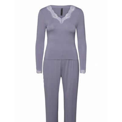 Hunkemöller Pj Ls Viscose Lace Blå