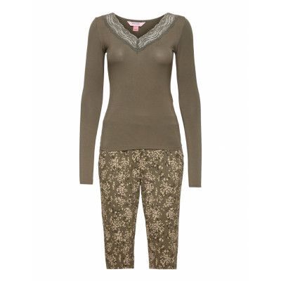 Pj Pant Ls V-Neck Lace Speckle Leopard Pyjamas Grön Hunkemöller