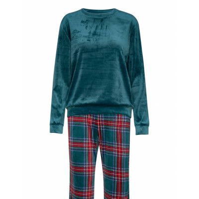 Pj Set Velours Check Pyjamas Grön Hunkemöller