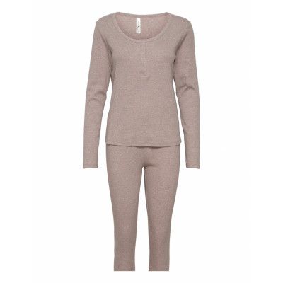 Pyjama Set Henley Rib Pyjamas Beige Lindex