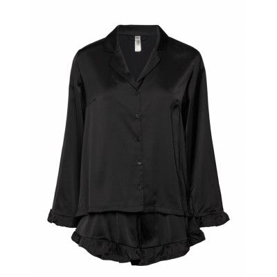 Lindex Pyjama Set Satin Frill Svart