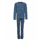 Pyjamas Aop School Pyjamas Set Blå Polarn O. Pyret