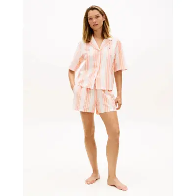 Tommy Hilfiger Ss Shirt Linen Pj Shorts Set - Coral - L